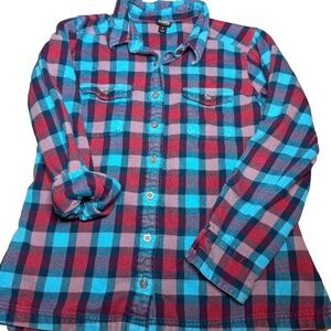 Patagonia Flannel Womens Size 6 Blue Red Pink Plaid Flannel Organic Cotton